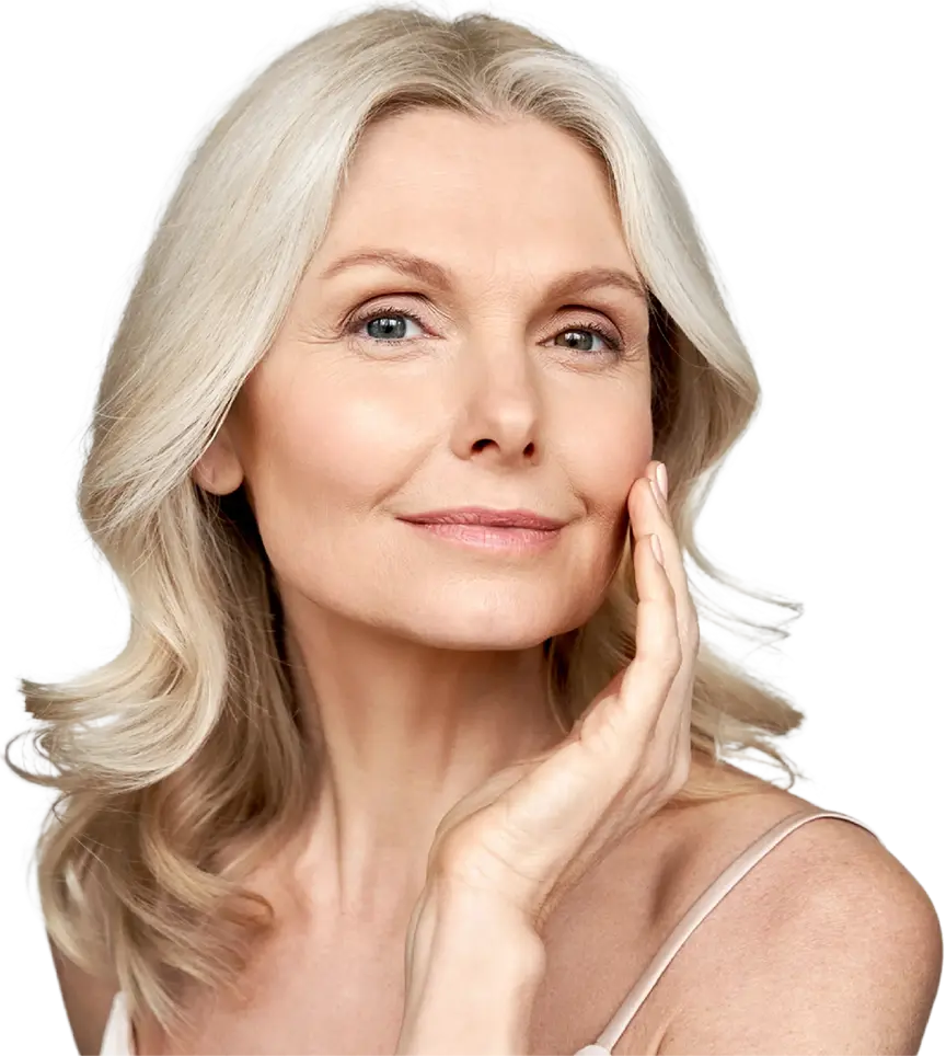 A woman with mature skin resting her fingertips on her cheek