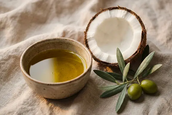 A halved coconut on linen beside a small ceramic dish of set white coconut oil