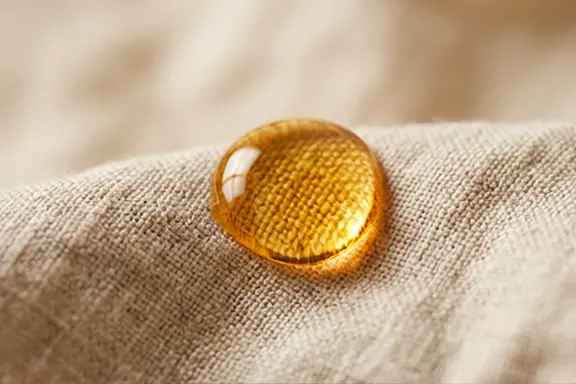 A single golden droplet of emu oil resting on natural linen