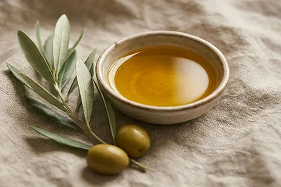A ceramic bowl of golden olive oil on linen beside an olive sprig and two green olives