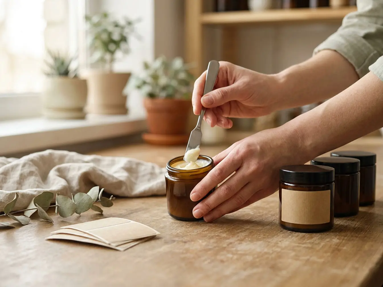 A jar of the balm being filled by hand at a timber bench in natural window light, with labels and finished amber jars beside it